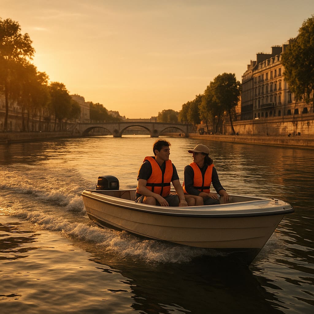 Loď na pražské řece při západu slunce